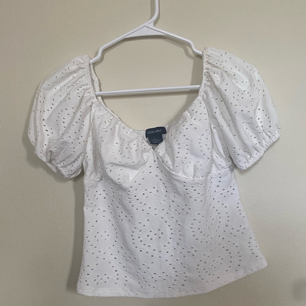 Soho Girls White Eyelet Blouse with Puff Sleeves Size M